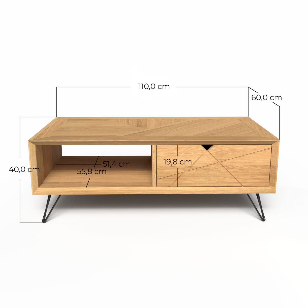 dimension de la table basse aile d'avion avec grand tiroir en bois de chêne massif
