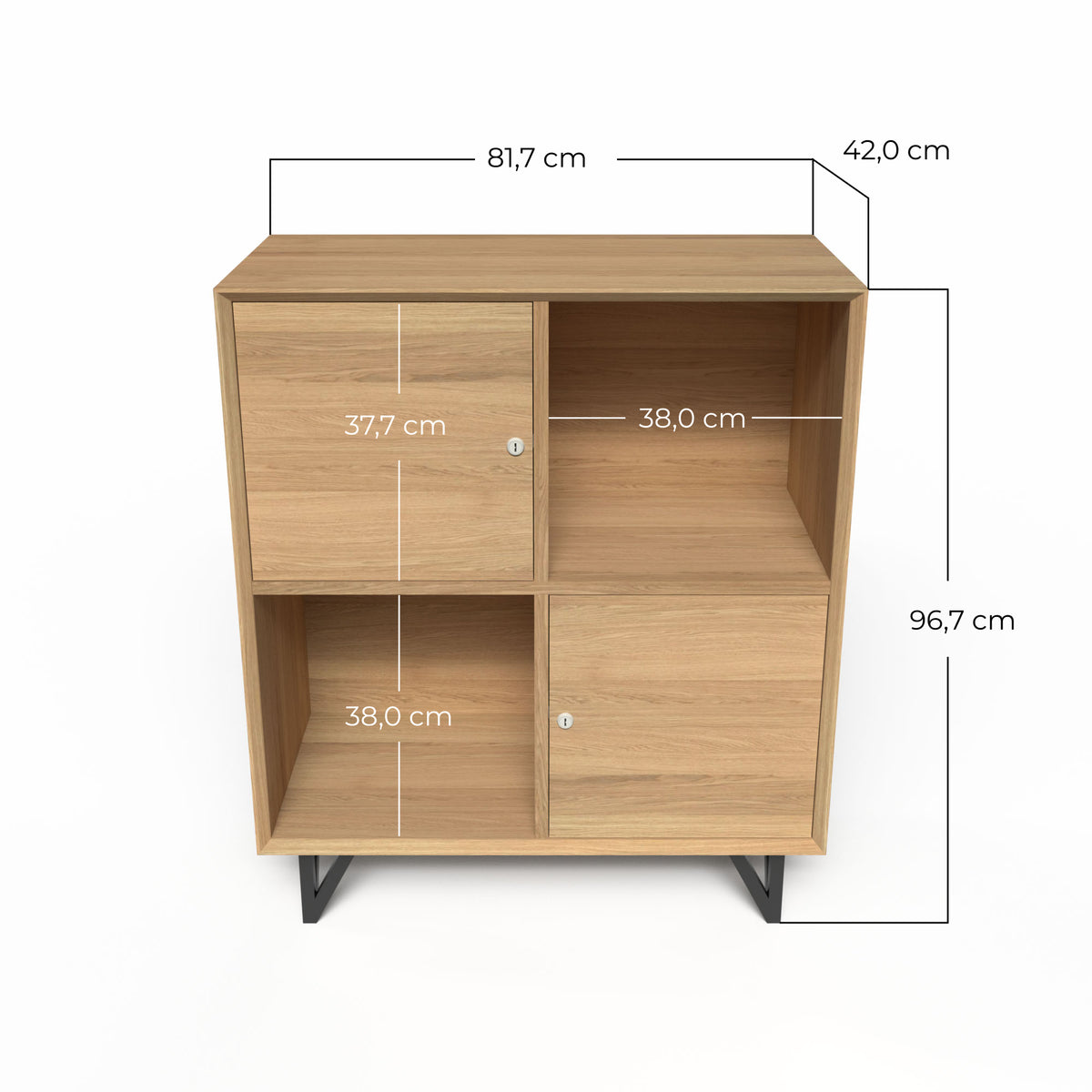 Schéma technique montrant les dimensions du meuble : largeur 81,7 cm, hauteur 96,7 cm, profondeur 42 cm et casiers de 38x37,7 cm.