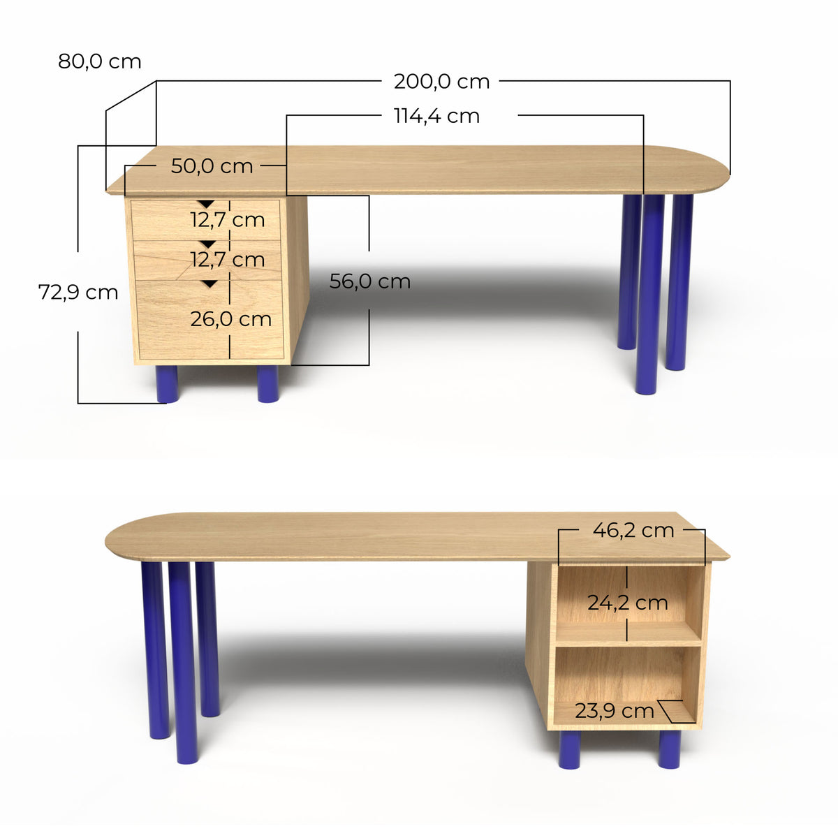 Plan technique double face du bureau montrant les dimensions du plateau (200x80 cm), la hauteur de 72,9 cm, et le détail précis des tiroirs praticien et des niches patient.