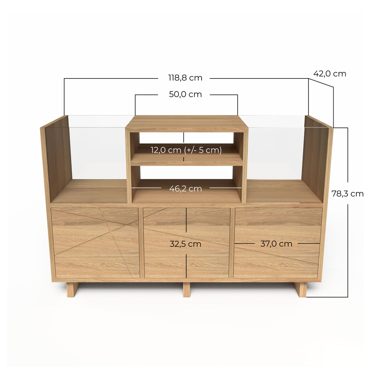 Dimensions grand meuble d'écoute en chêne massif pour vinyles