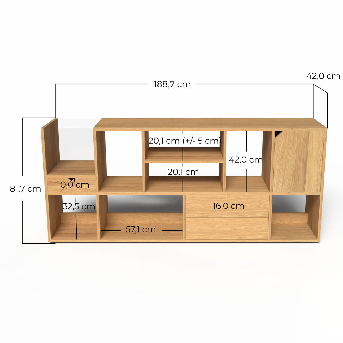 Vue éclatée de la structure du meuble haut avec ses cotes précises. On y voit une largeur totale de 188,7 cm, une hauteur de 81,7 cm et une profondeur de 42 cm. Les dimensions internes des niches et tiroirs sont indiquées en cm (ex: 20,1 cm, 57,1 cm).