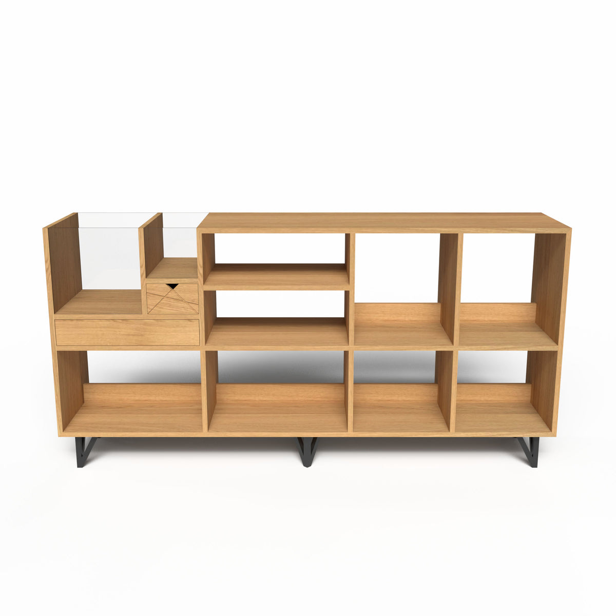 Meuble console vinyle en bois vide avec bac de présentation vitré et tiroir de rangement.