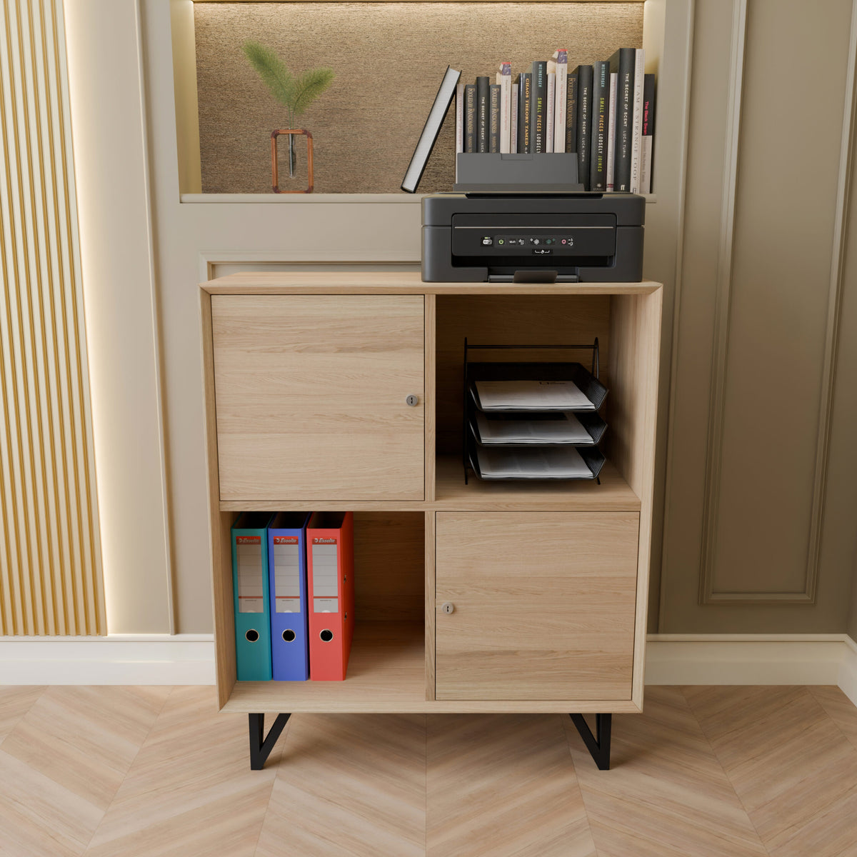 Meuble de bureau en chêne massif 4 casiers – pieds noirs, avec porte