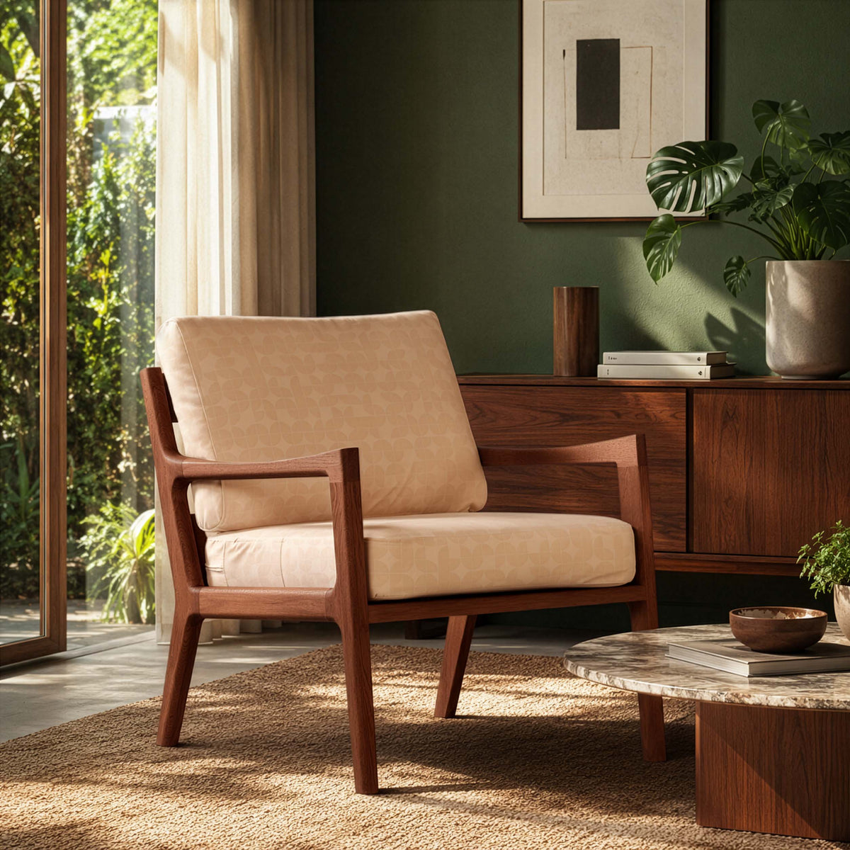 Fauteuil Mid-Century beige chêne massif