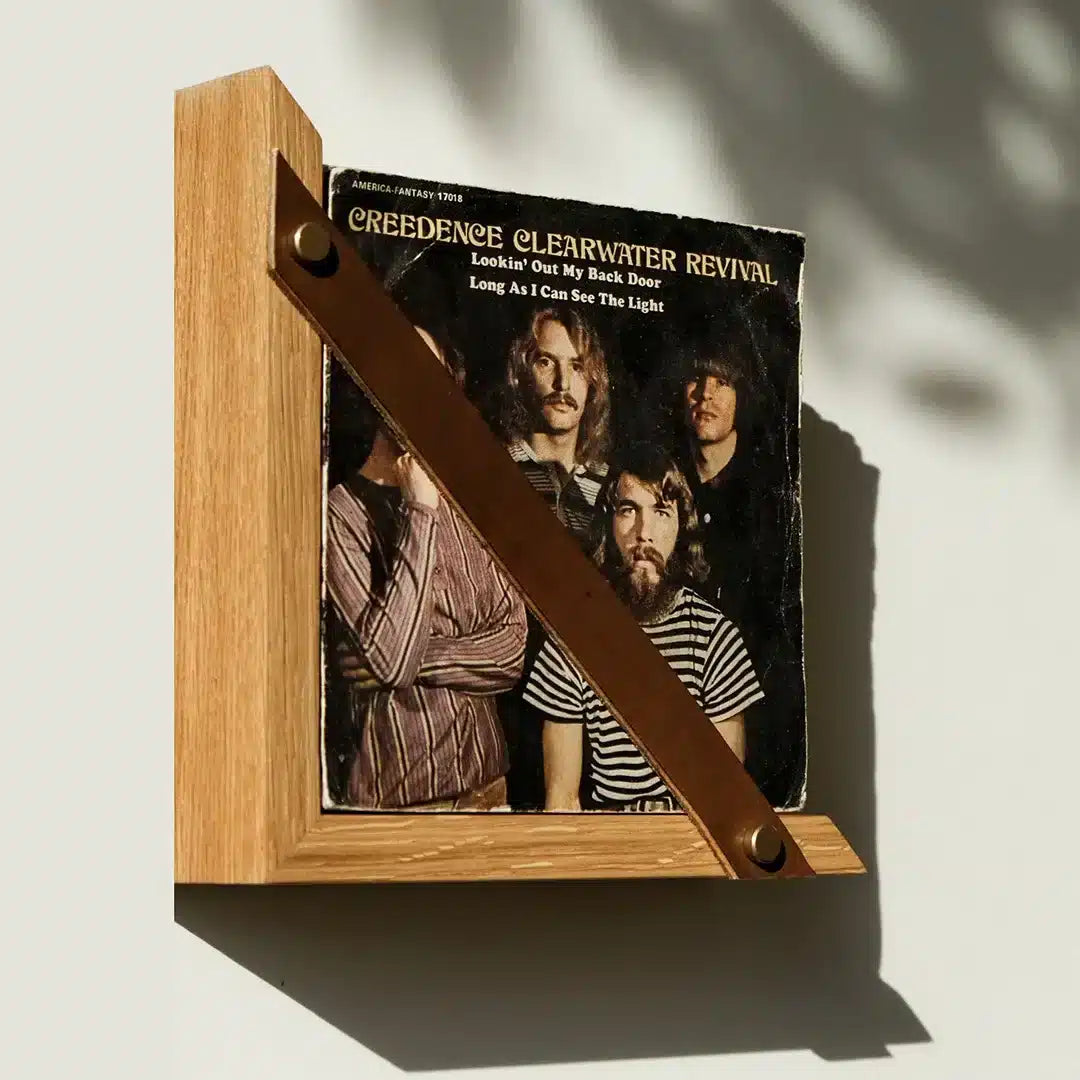 Étagère Vinyle 45 tours en chêne massif et cuir véritable