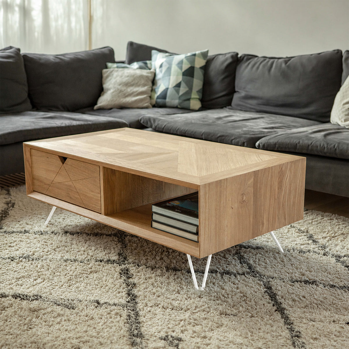 Table basse avec tiroir – L’Accueillante – Blancs