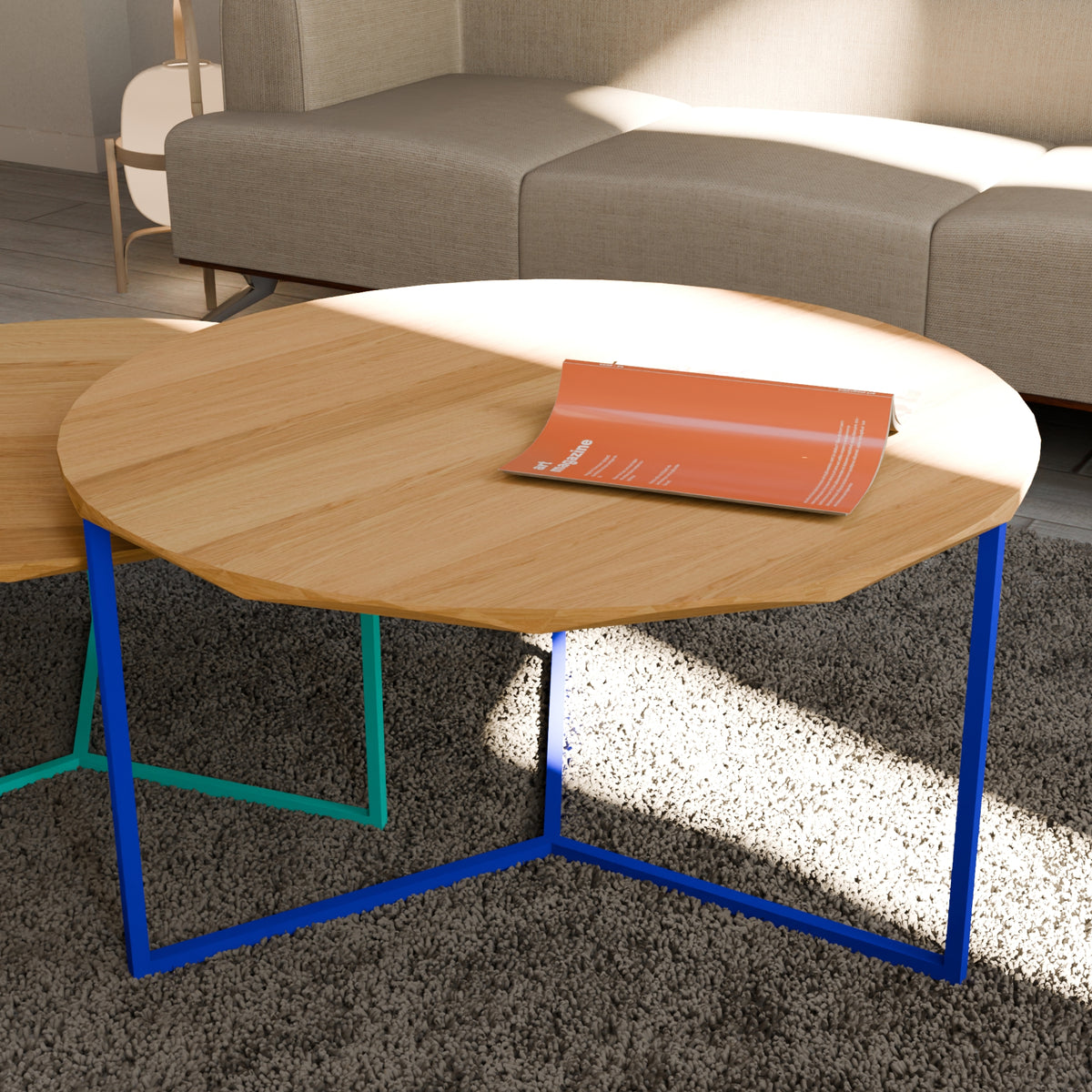 grande table basse ronde avec pied bleu électrique