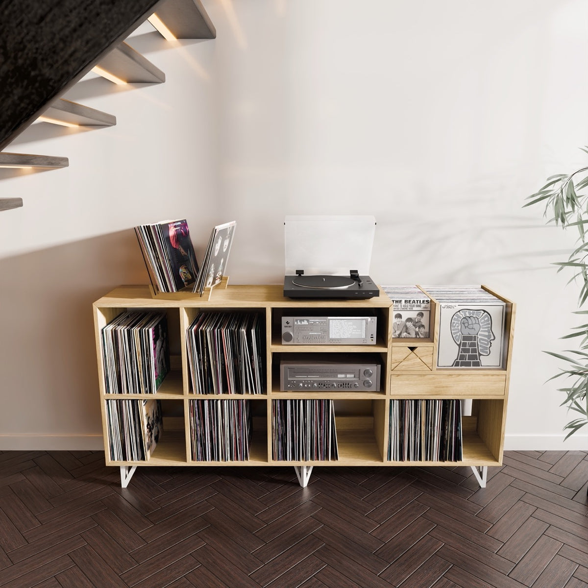 Meuble DJ Vinyle – 2 Platines & Table de Mixage – Blanc / Bacs a Droite