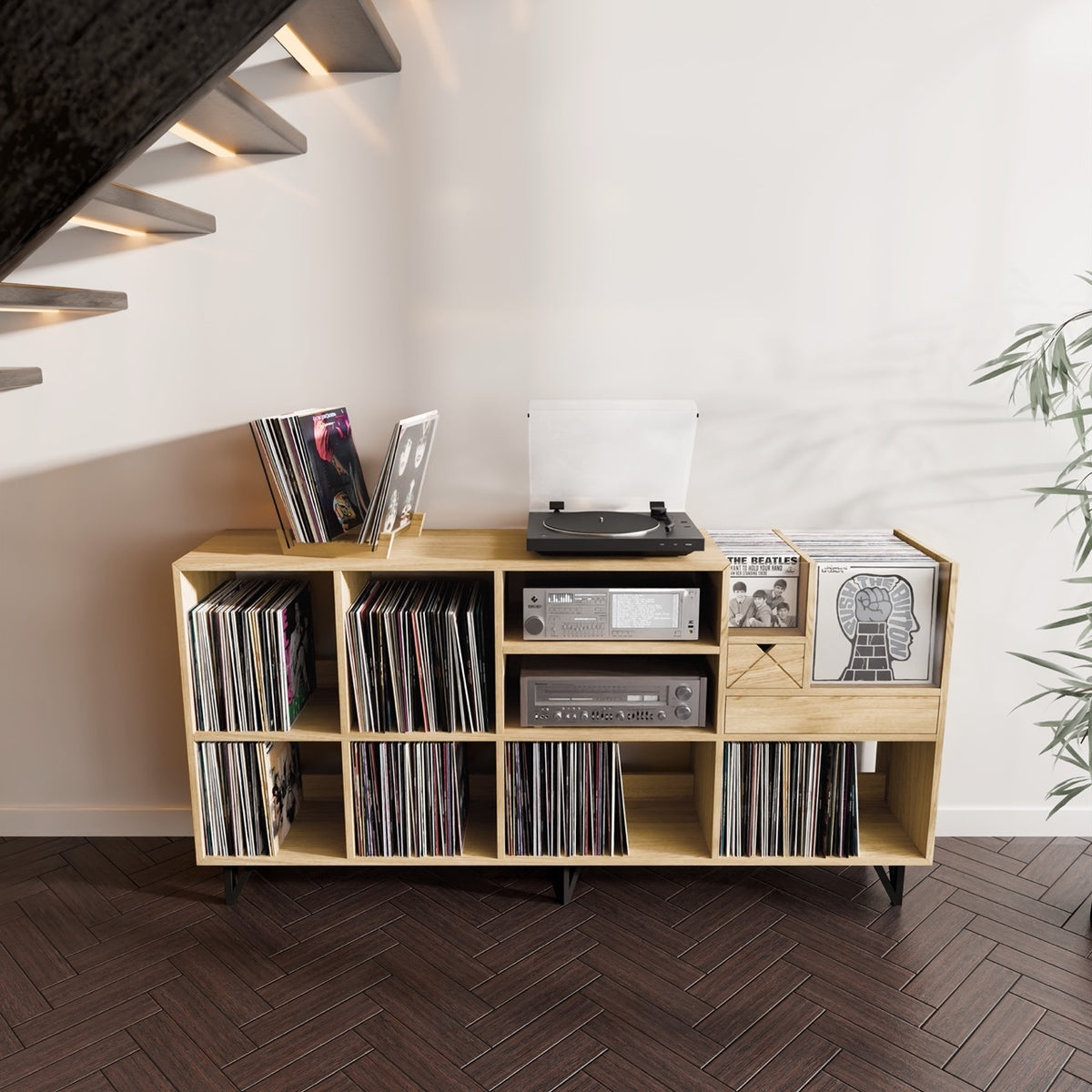 Meuble DJ Vinyle – 2 Platines & Table de Mixage – Noir / Bacs a Droite