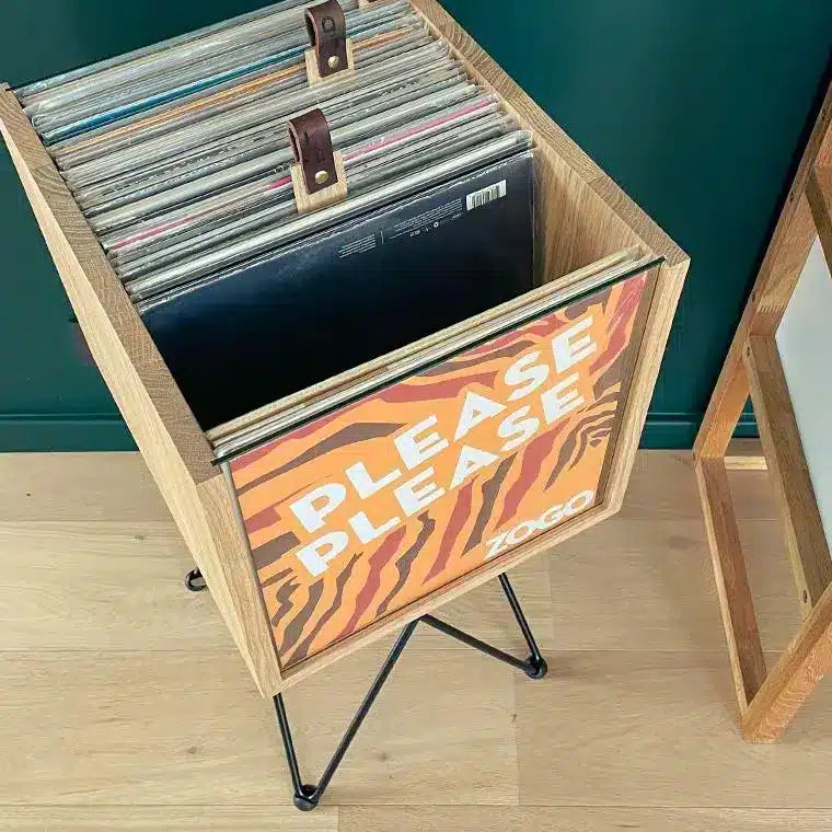 bac disquaire en bois pour disque vinyle 33 tours sur pied en acier