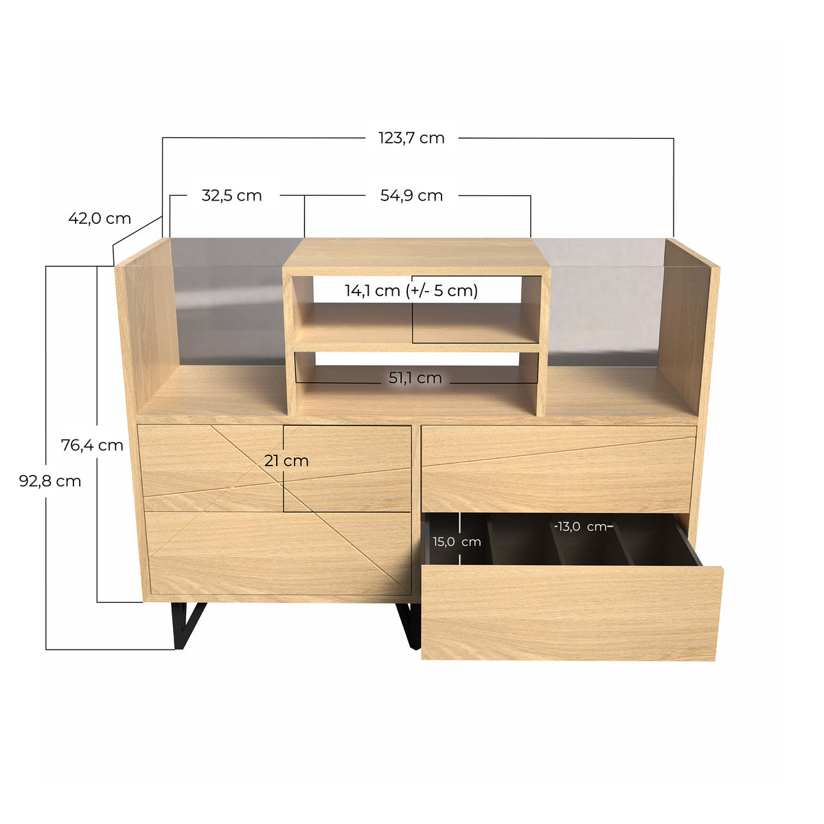 meuble 200 vinyles et 4 tiroirs pour CD en bois massif et pied noir