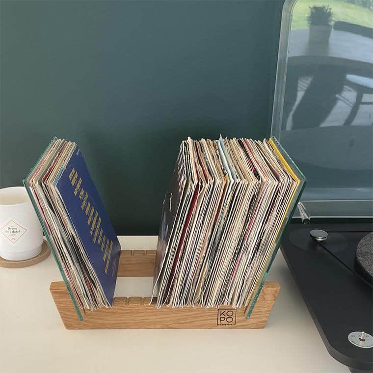 support de rangement pour vinyles 45t en bois massif et verre, haut de gamme