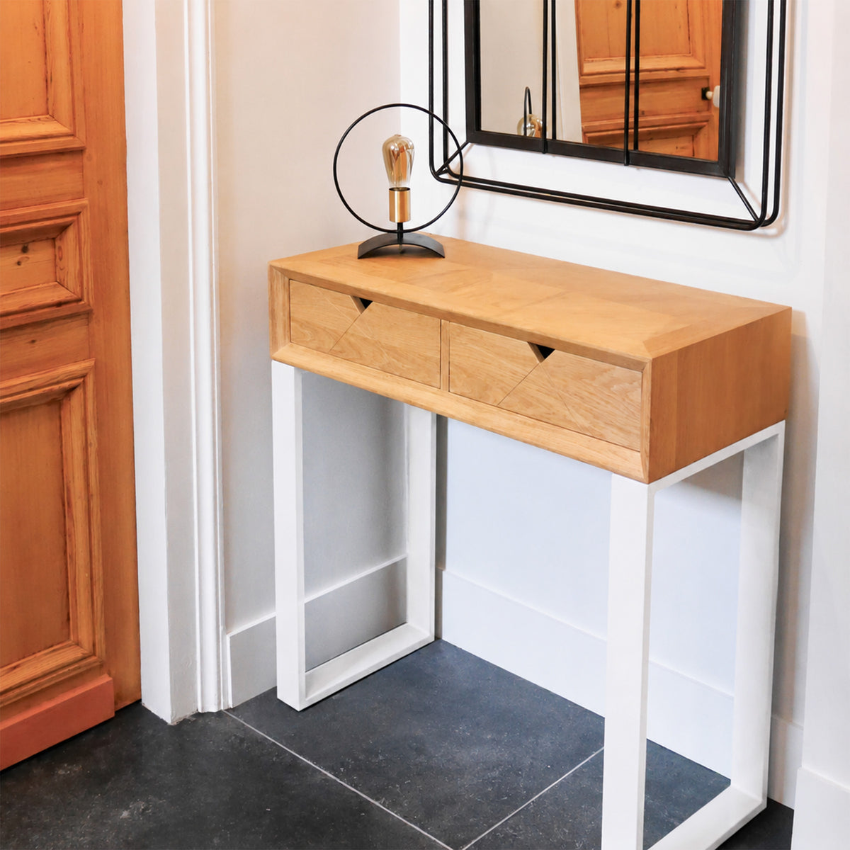 Console d’entrée industrielle bois – L 90 cm x H 90 cm x P 30 cm / Blancs