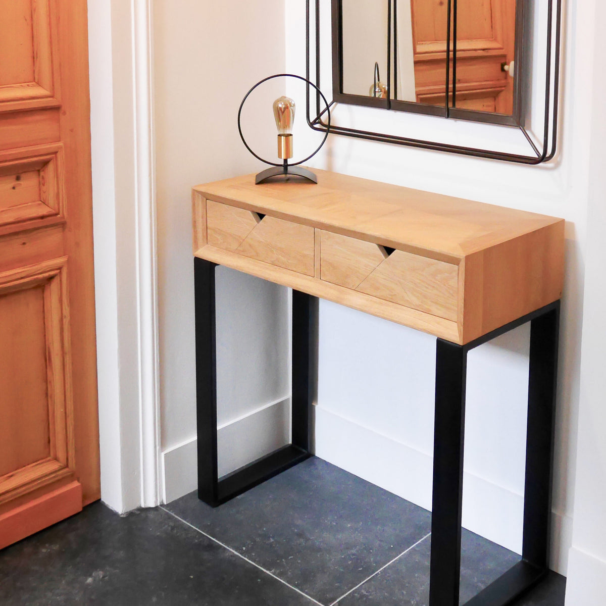 Console d’entrée industrielle bois en chêne massif et acier noir – KOPO Création