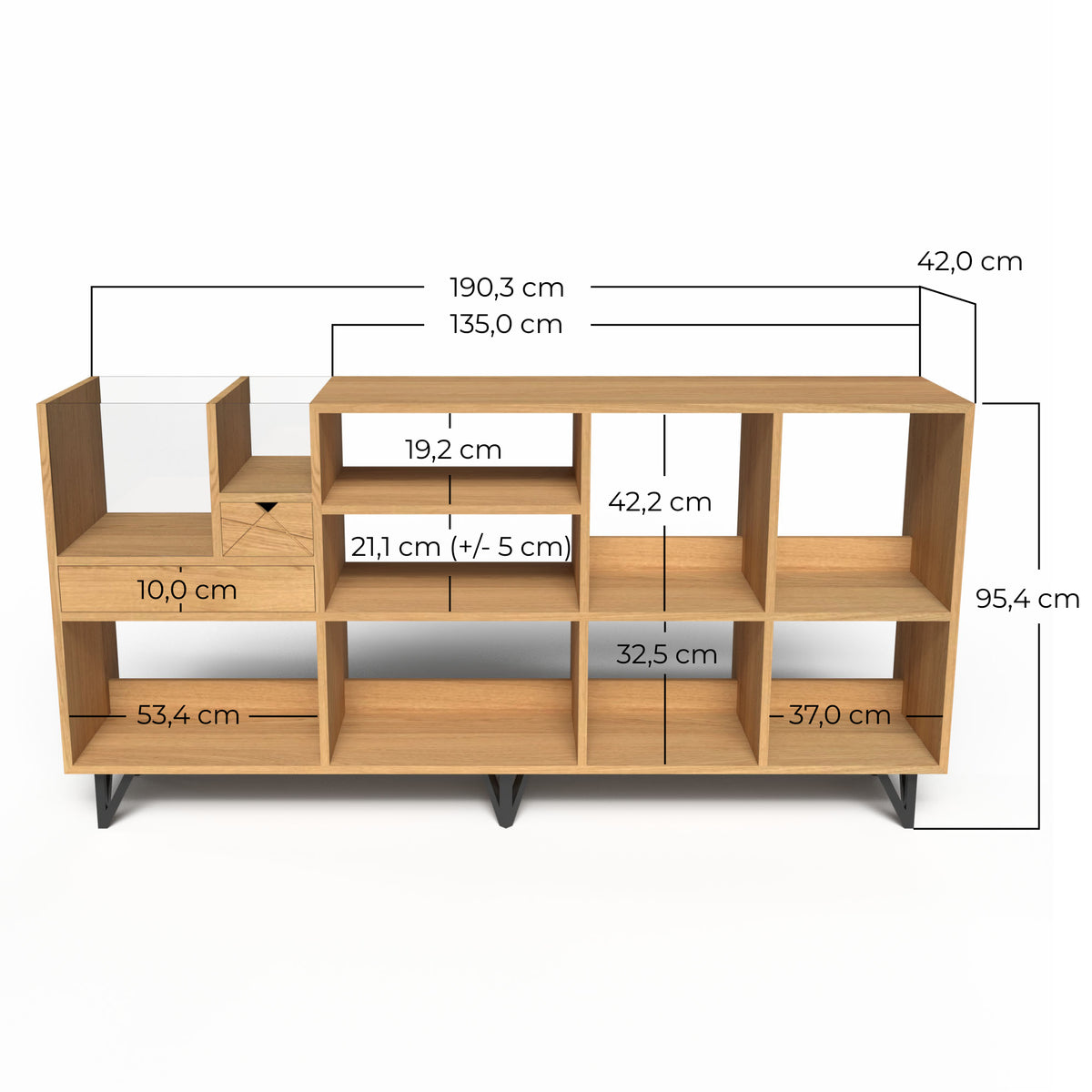 Schéma des dimensions meuble disquaire 190cm : hauteur 95cm et profondeur 42cm.