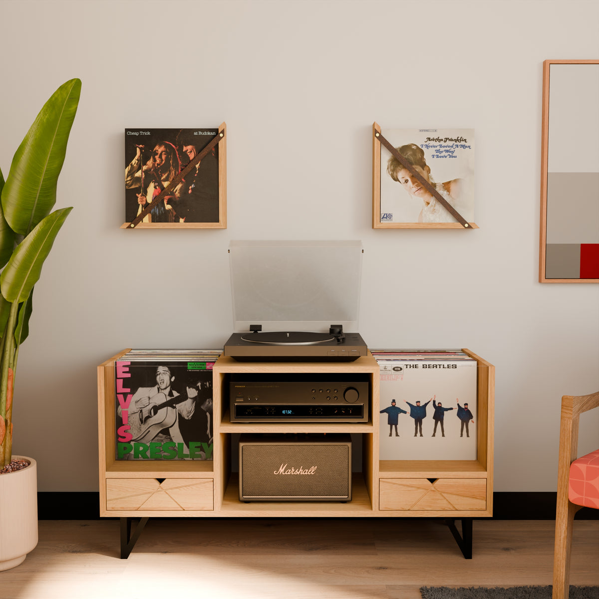 Meuble vinyle bas en chêne massif avec deux bacs vitrées – KOPO Création