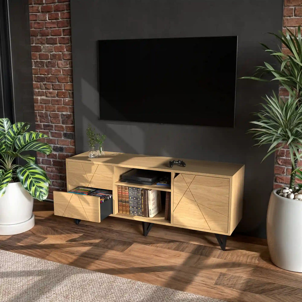 Meuble rangement blu ray et DVD en bois et métal style industriel