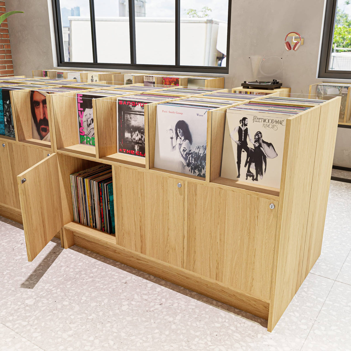 Meuble disquaire professionnel en bois avec 4 bacs à vinyles vitrés – KOPO Création