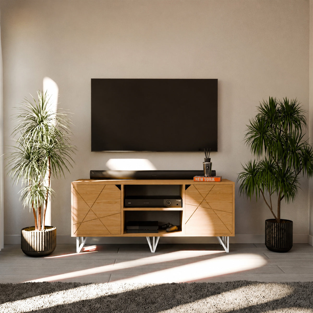 Meuble TV Bois – 2 Portes & Niche Centrale – Blanc
