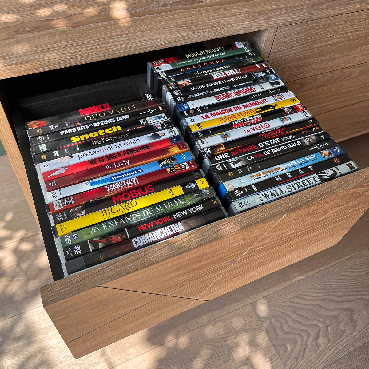 tiroir DVD meuble TV en bois massif haut de gamme sur mesure