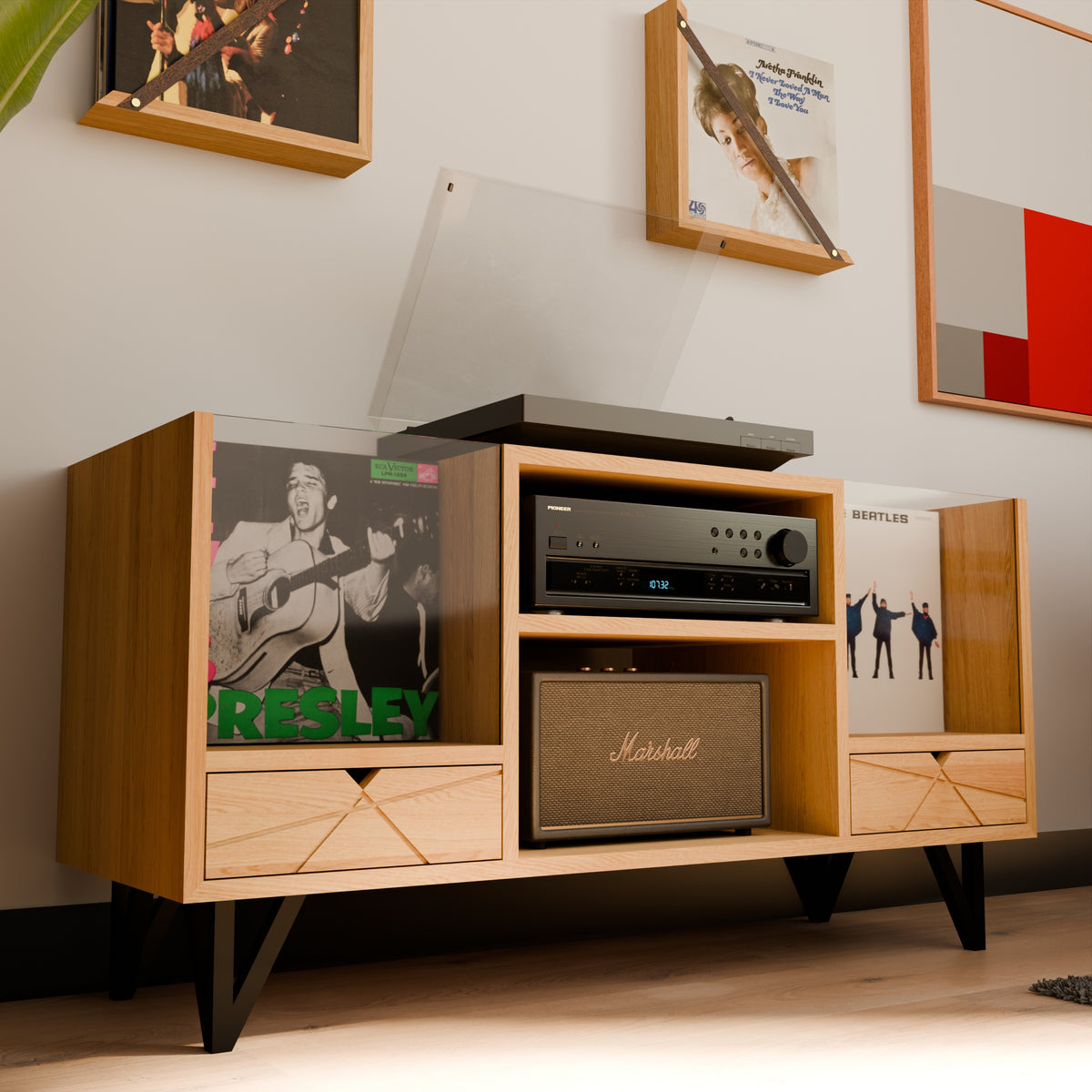 Meuble vinyle design en chêne massif avec niche centrale ajustable