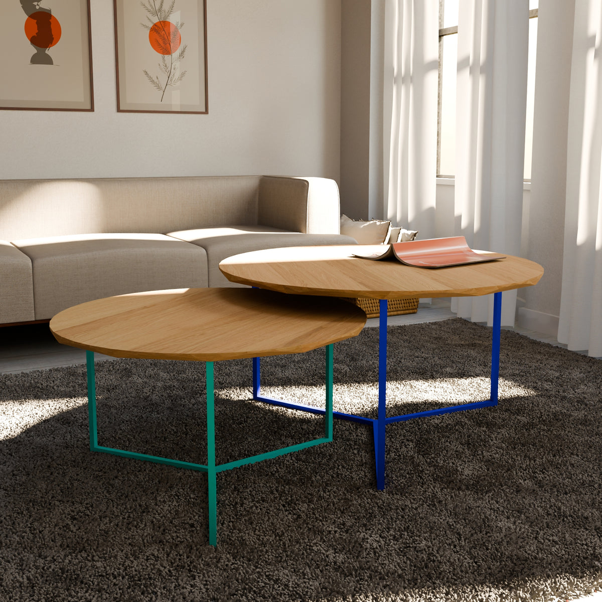 table basse au design coloré et original, pied en acier personnalisable sur RAL