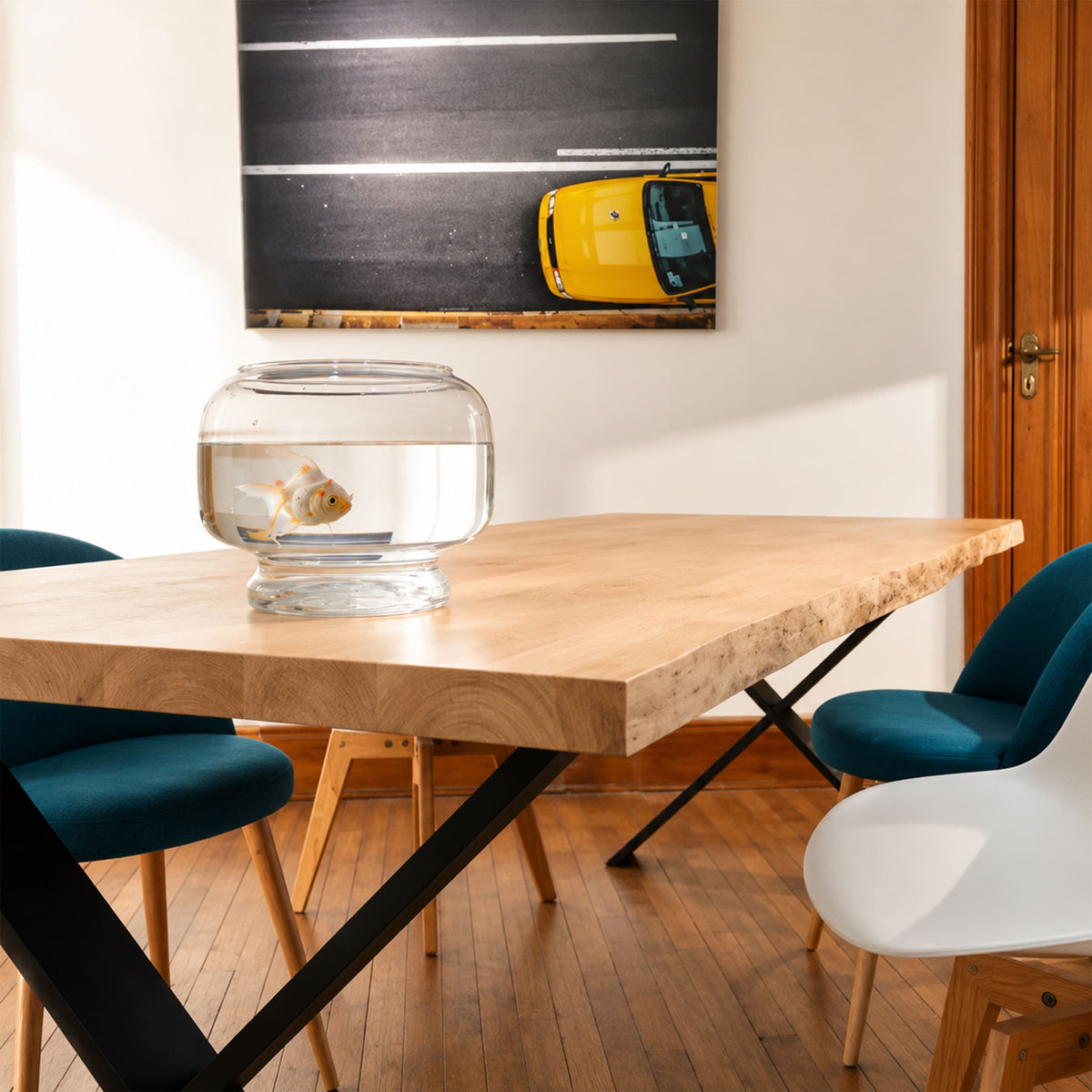 table style industriel en chêne massif et pied en acier X