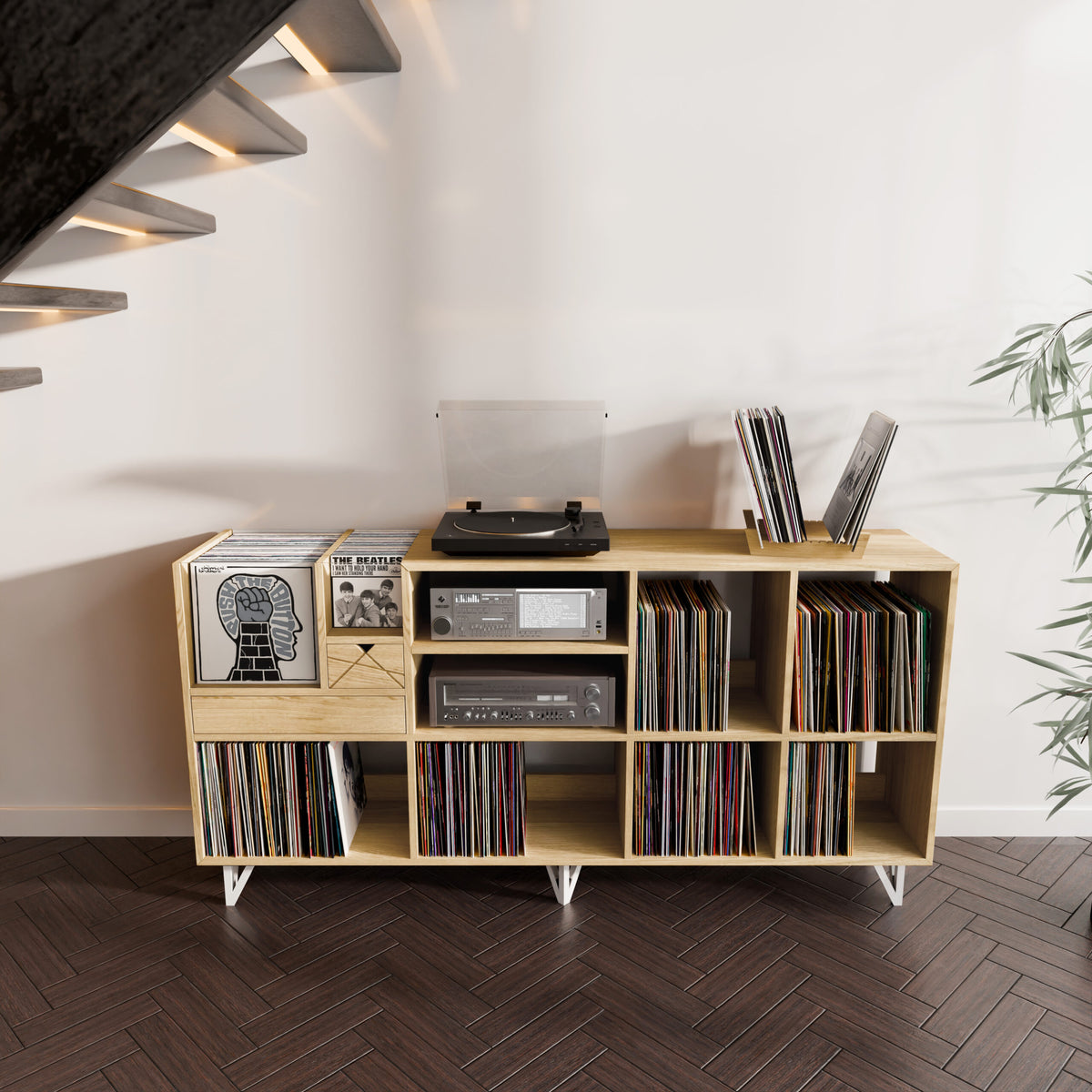 Meuble DJ Vinyle – 2 Platines & Table de Mixage – Blanc / Bacs a Gauche