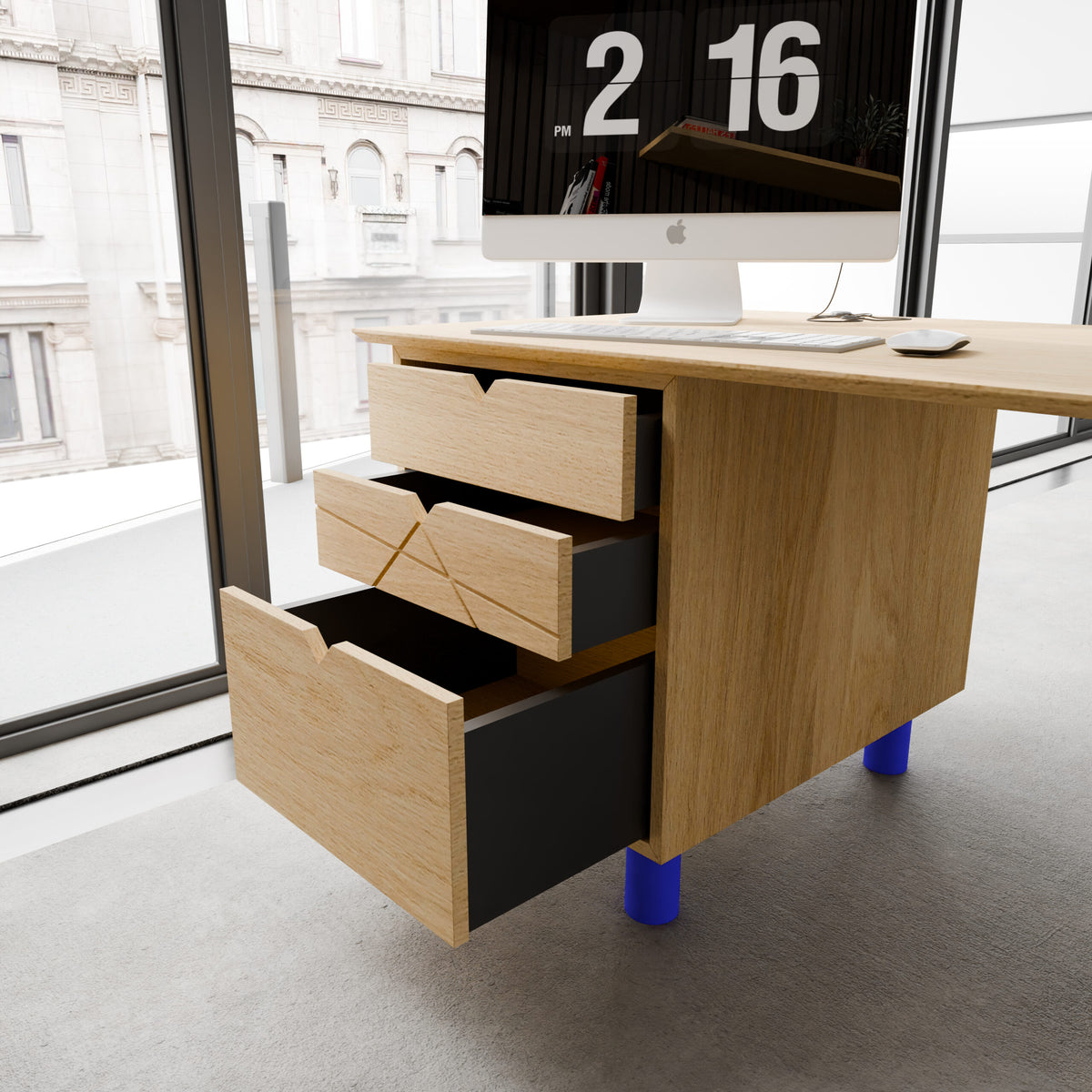 Zoom sur les trois tiroirs ouverts du bureau (deux de 12,7 cm et un de 26 cm) montrant l'intérieur gris anthracite et la poignée encastrée design.