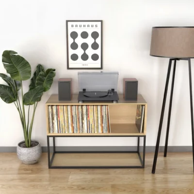 Console Vinyles 33 tours en bois clair et acier style contemporain