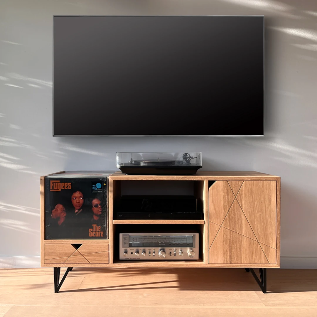 Meuble TV et vinyle 120cm en chêne et métal