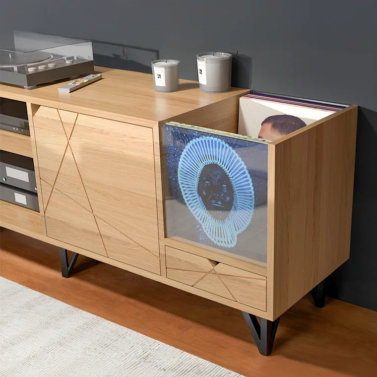 Meuble TV/Vinyle 160 cm, rangement pratique et esthétique pour 200 vinyles et appareils audio/vidéo