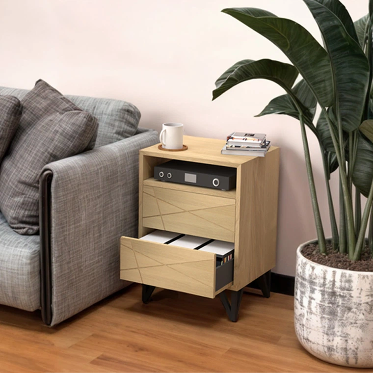 meuble range CD en bois et acier avec tiroir 50 cm pour petit espace