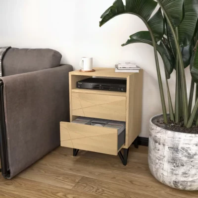 meuble range CD en bois et acier avec tiroir 50 cm pour petit espace