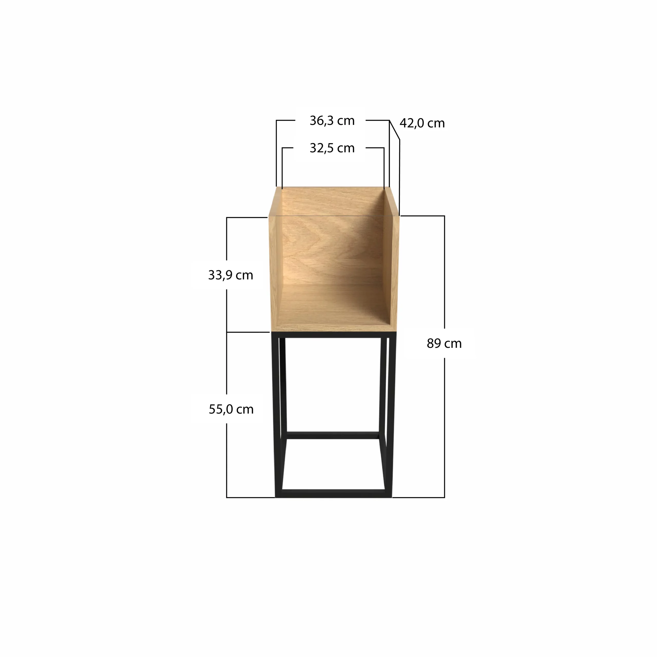 Meuble compact disquaire 2 bacs en chêne massif avec pieds en acier fin 20 x 20 mm