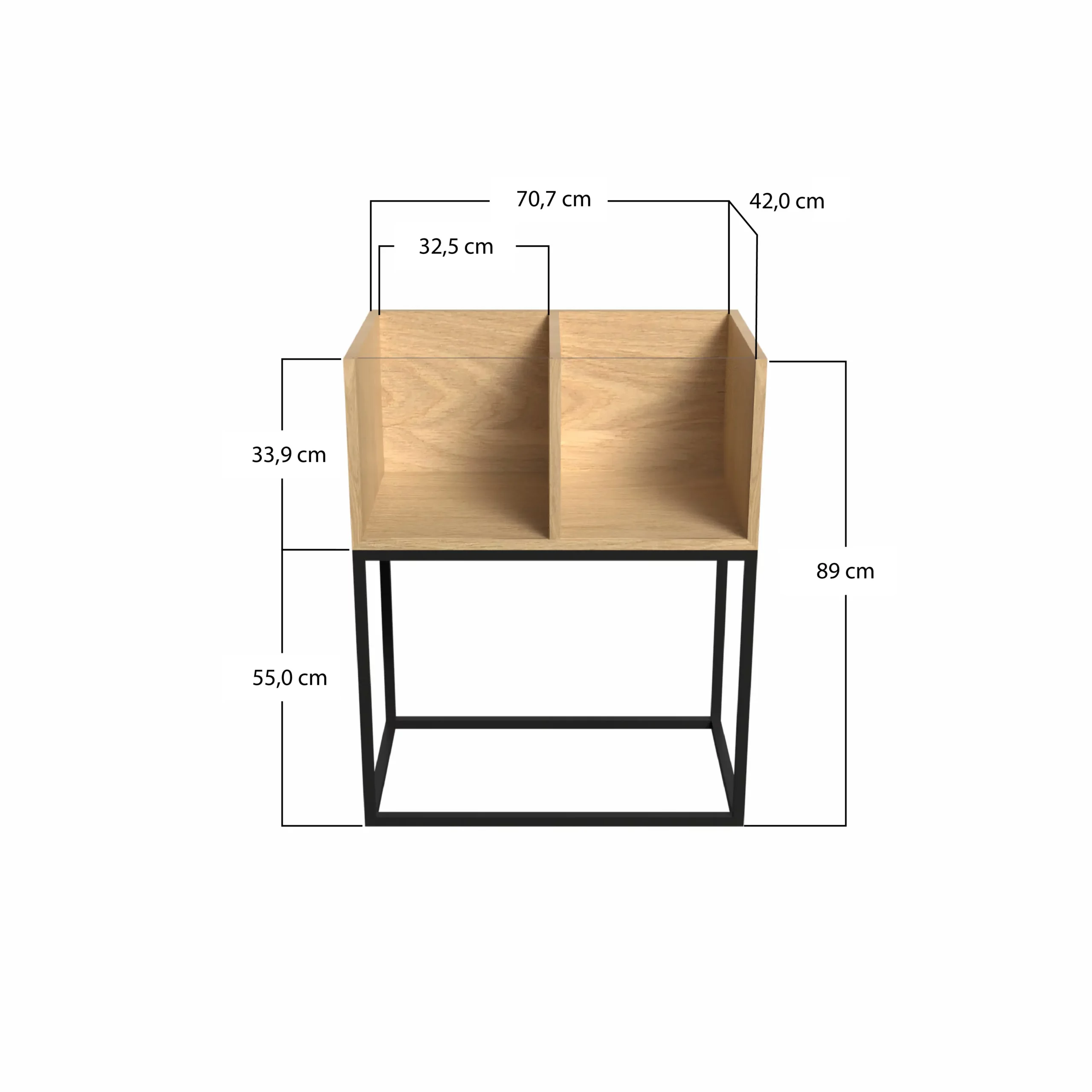 Meuble compact disquaire professionnel 2 bacs en chêne massif avec pieds en acier fin 20 x 20 mm