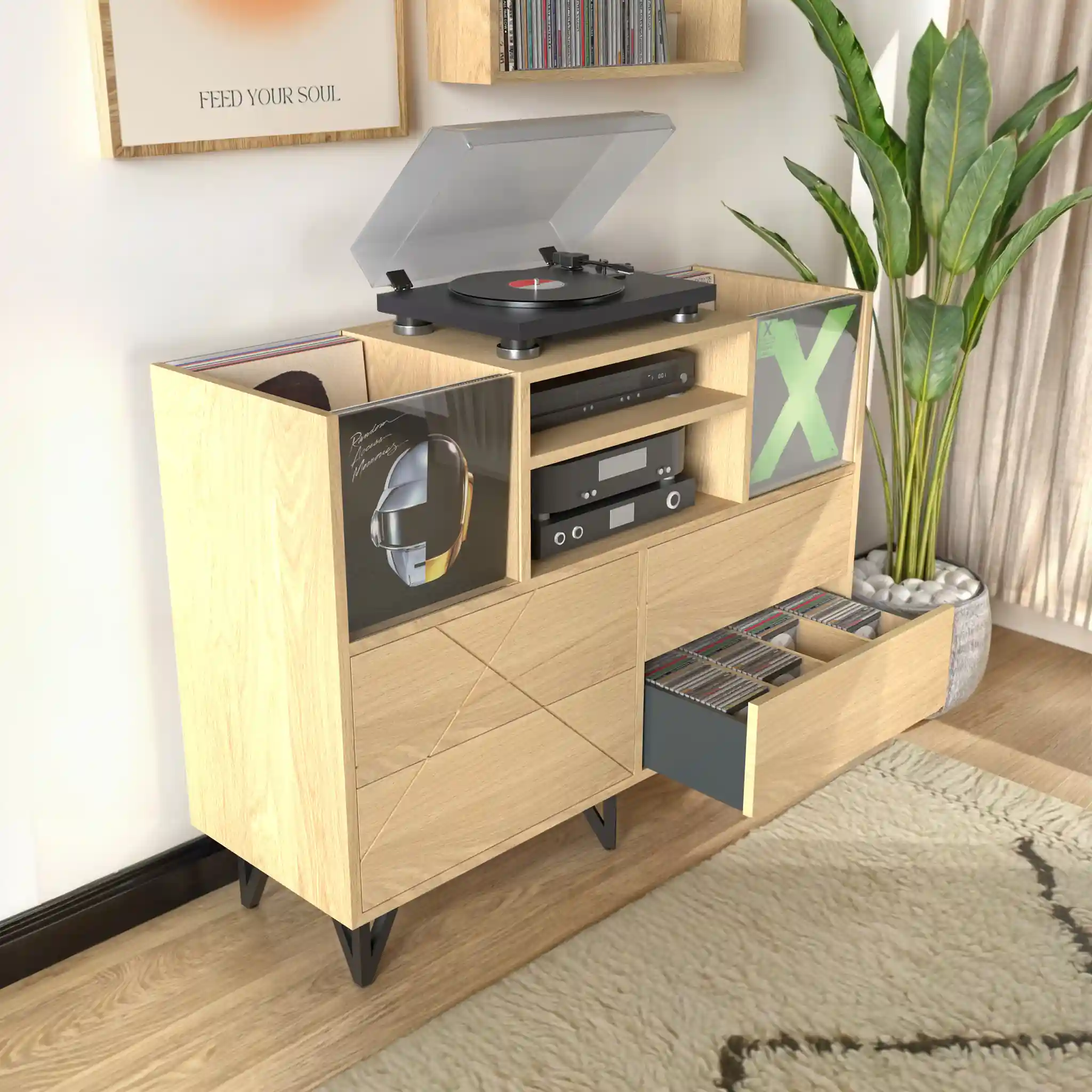 Mobilier audio avec niche centrale et tiroirs "Push to Open"